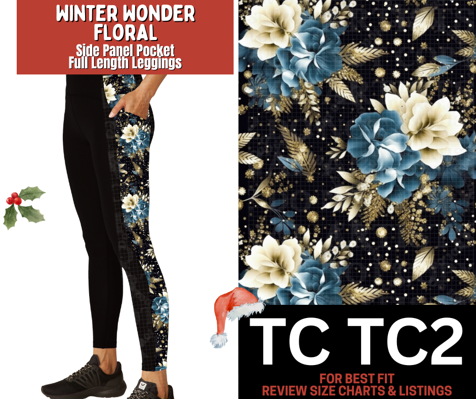 Winter Wonder Floral Side Panel Pocket Full Length Leggings