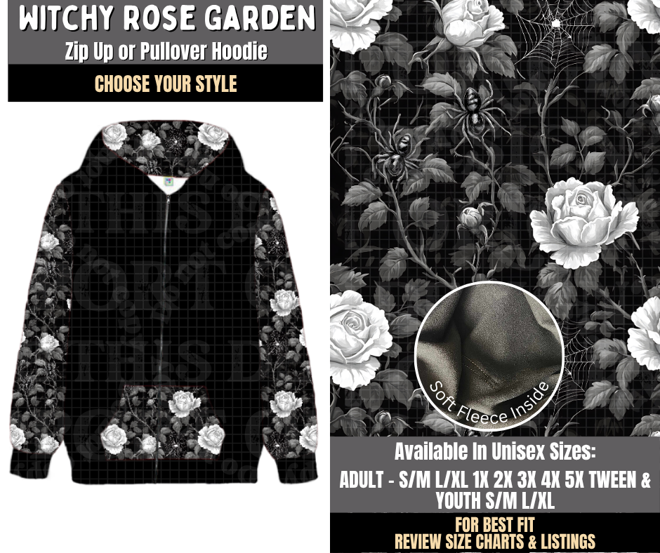 Preorder! Closes 8/3. ETA Nov. Witchy Rose Garden Zip-Up or Pullover Hoodie