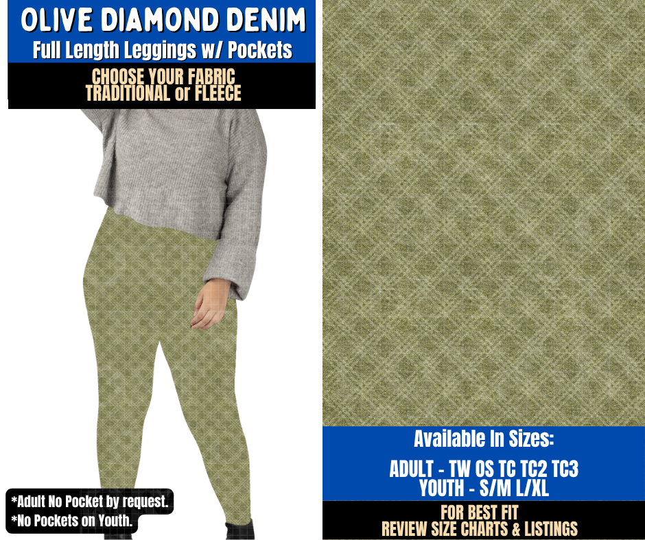 Preorder! Closes 9/16. ETA Dec. Olive Diamond Denim Leggings Choose Fleece or Traditional
