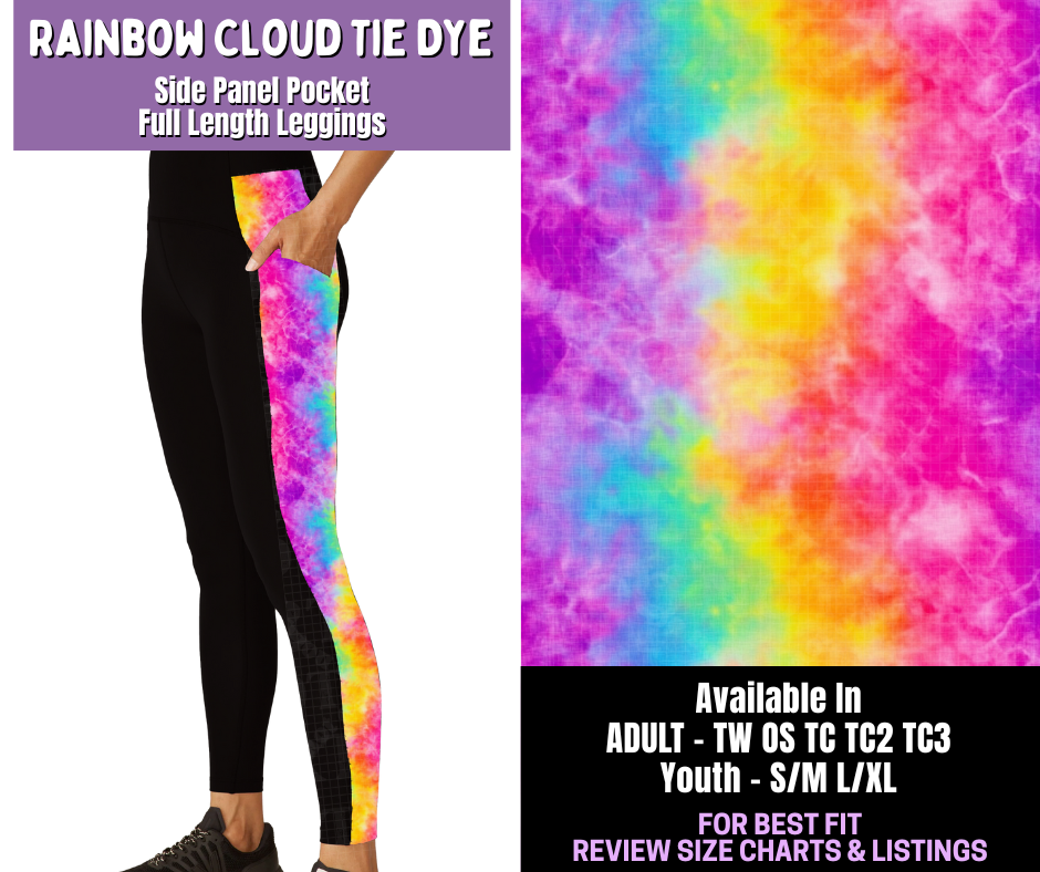 Preorder! Closes 12/18. ETA March. Rainbow Cloud Tie Dye Side Panel Pocket Full Length Leggings