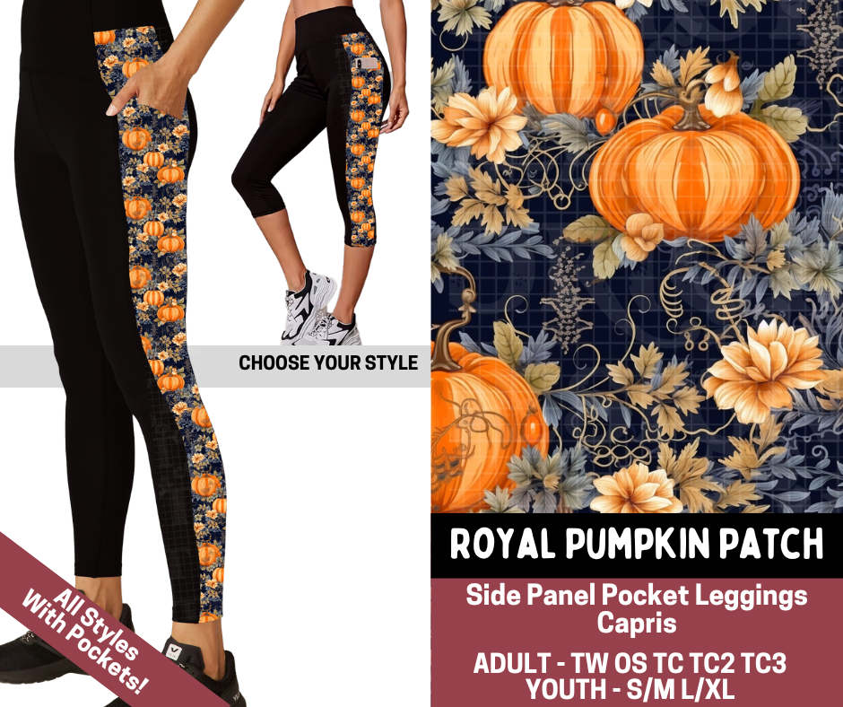 Preorder! Closes 7/23. ETA Oct. Royal Pumpkin Patch Combo Side Panel Legging Lengths