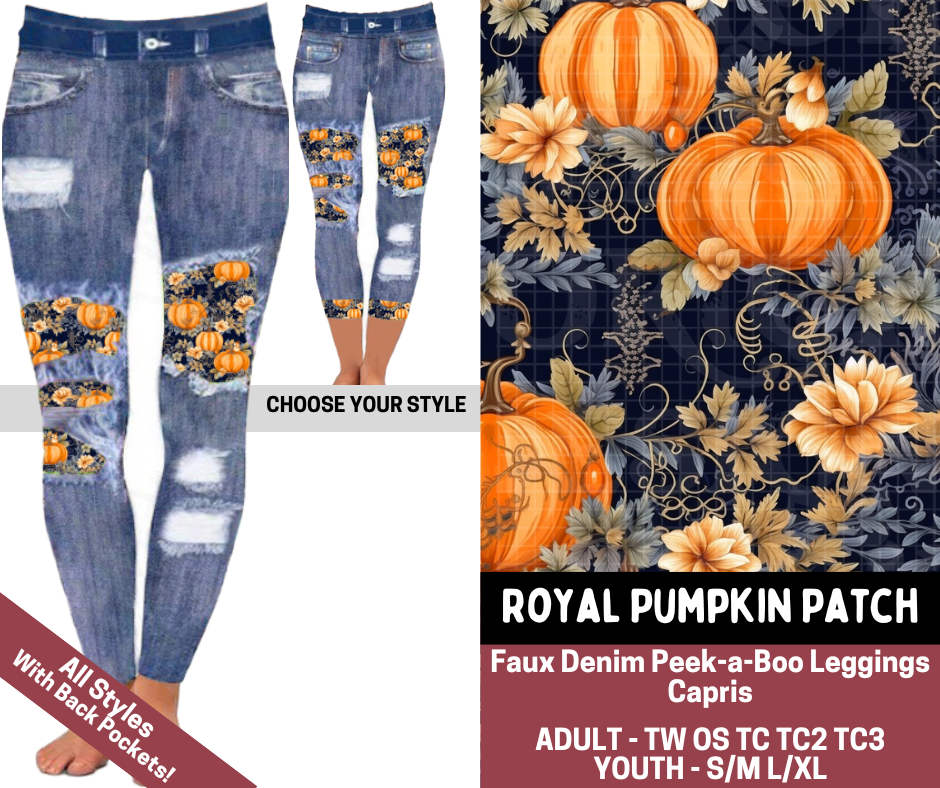 Preorder! Closes 7/23. ETA Oct. Royal Pumpkin Patch Combo Faux Denim Peekaboo Legging Lengths