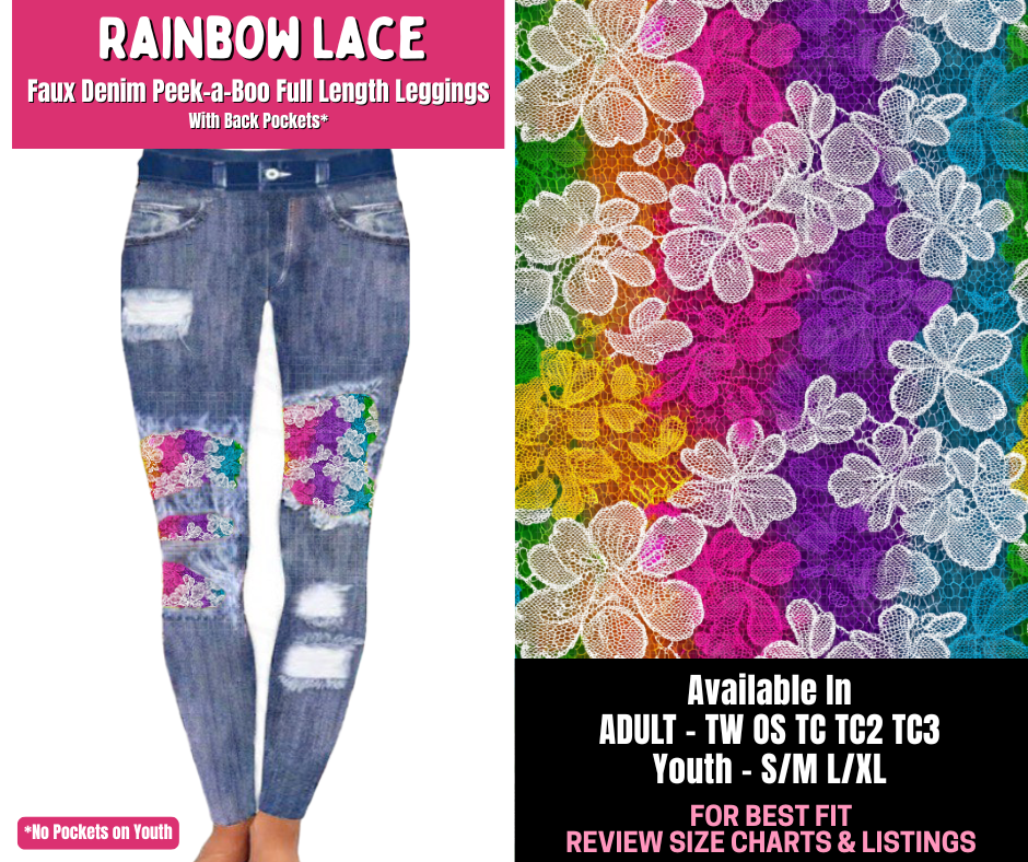 Preorder! Closes 1/1. ETA March. Rainbow Lace Full Length Faux Denim Peekaboo