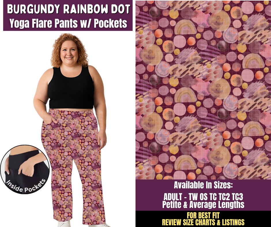 Preorder! Closes 11/4. ETA Feb. Burgundy Rainbow Dot Yoga Flare Pants