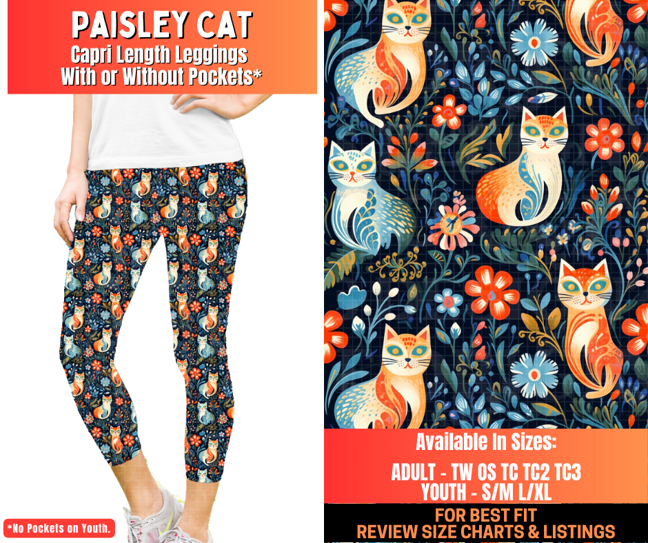 Preorder! Closes 12/29. ETA March. Paisley Cat Capri Length Leggings w/wo Pockets