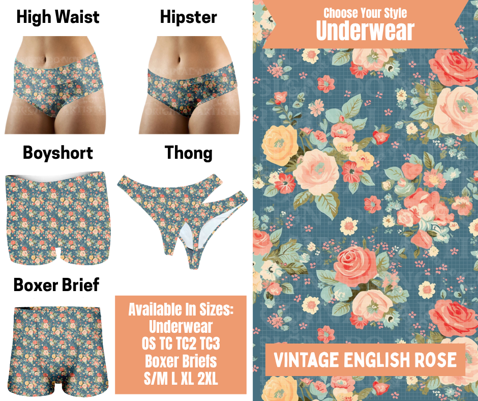 Preorder! Closes 11/5. ETA Feb. Vintage English Rose Hipster, High Waist, Boyshort, & Thong Underwear & Boxer Briefs