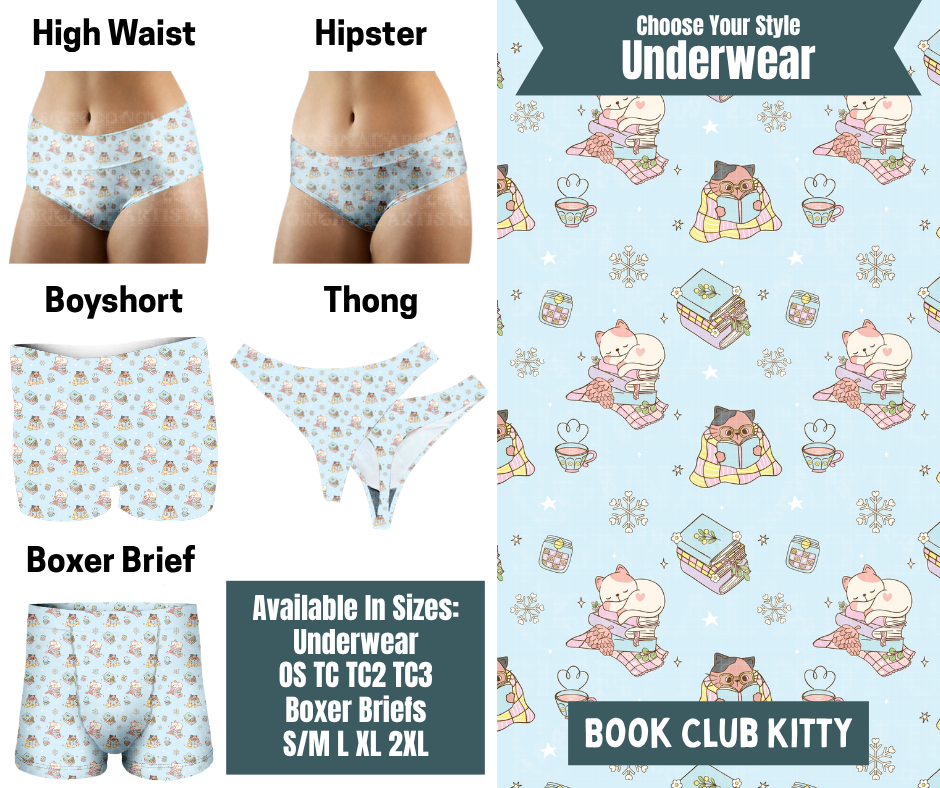 Preorder! Closes 9/30. ETA Dec. Book Club Kitty Hipster, High Waist, Boyshort, & Thong Underwear & Boxer Briefs