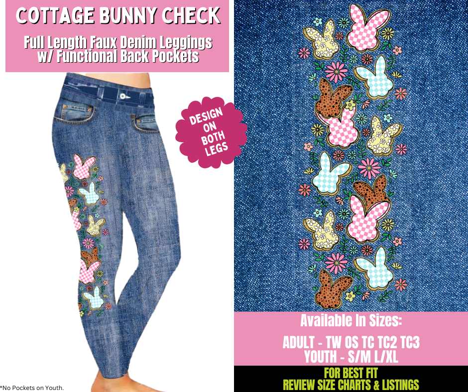 Preorder! Closes 1/21. ETA April. Cottage Bunny Check Full Length Faux Denim w/ Side Leg Designs