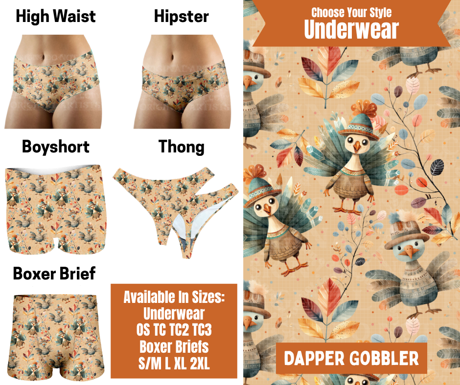 Preorder! Closes 7/30. ETA Oct. Dapper Gobbler Hipster, High Waist, Boyshort, & Thong Underwear & Boxer Briefs