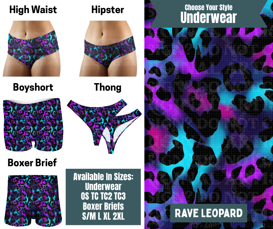 Preorder! Closes 9/30. ETA Dec. Rave Leopard Hipster, High Waist, Boyshort, & Thong Underwear & Boxer Briefs