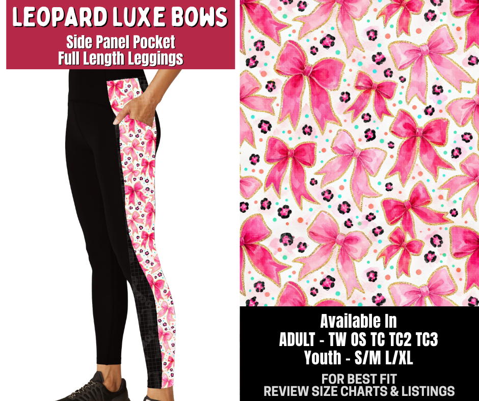Preorder! Closes 10/14. ETA Jan. Leopard Luxe Bows Side Panel Pocket Full Length Leggings
