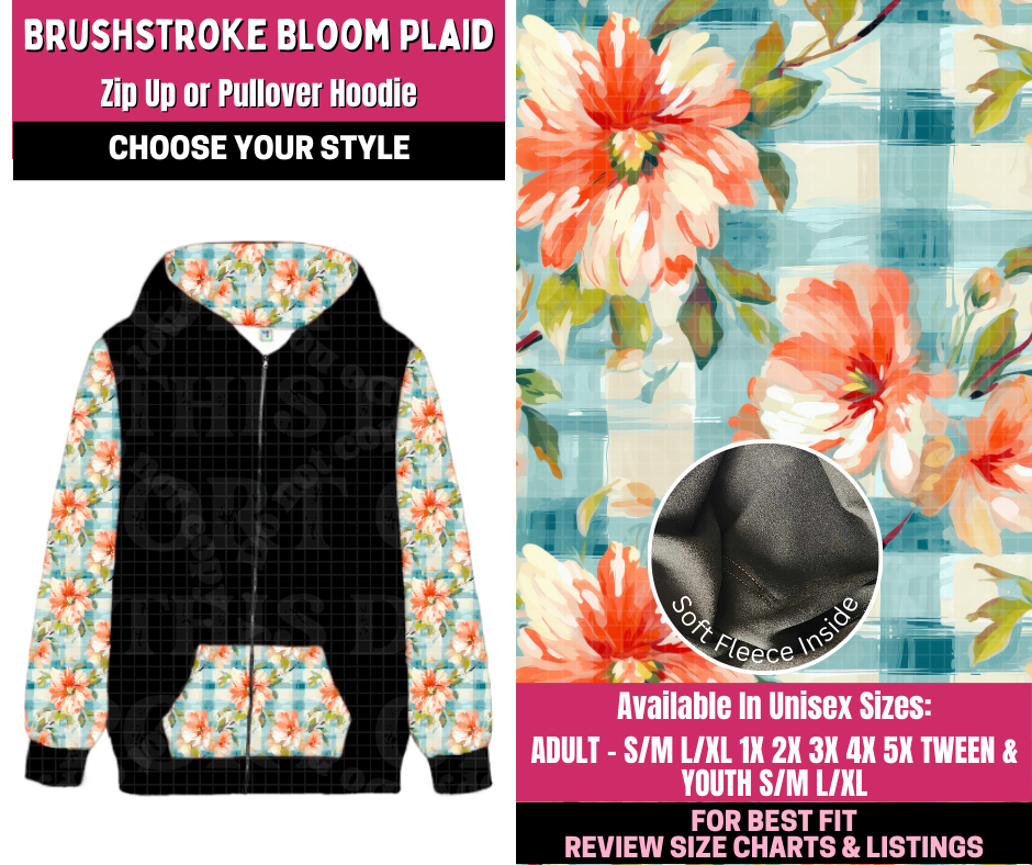 Preorder! Closes 12/31. ETA March. Brushstroke Bloom Plaid Full Length Zip-Up or Pullover Hoodie