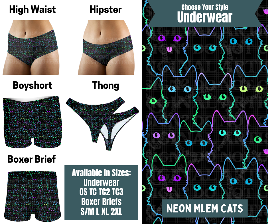Preorder! Closes 9/30. ETA Dec. Neon Mlem Cats Hipster, High Waist, Boyshort, & Thong Underwear & Boxer Briefs