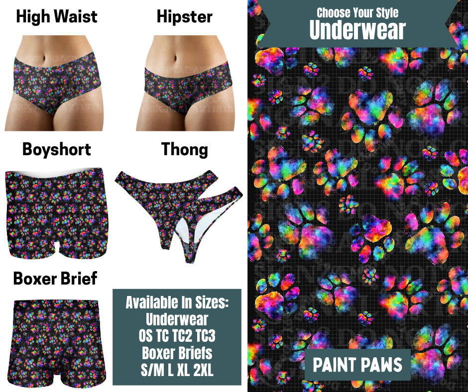 Preorder! Closes 9/30. ETA Dec. Paint Paws Hipster, High Waist, Boyshort, & Thong Underwear & Boxer Briefs
