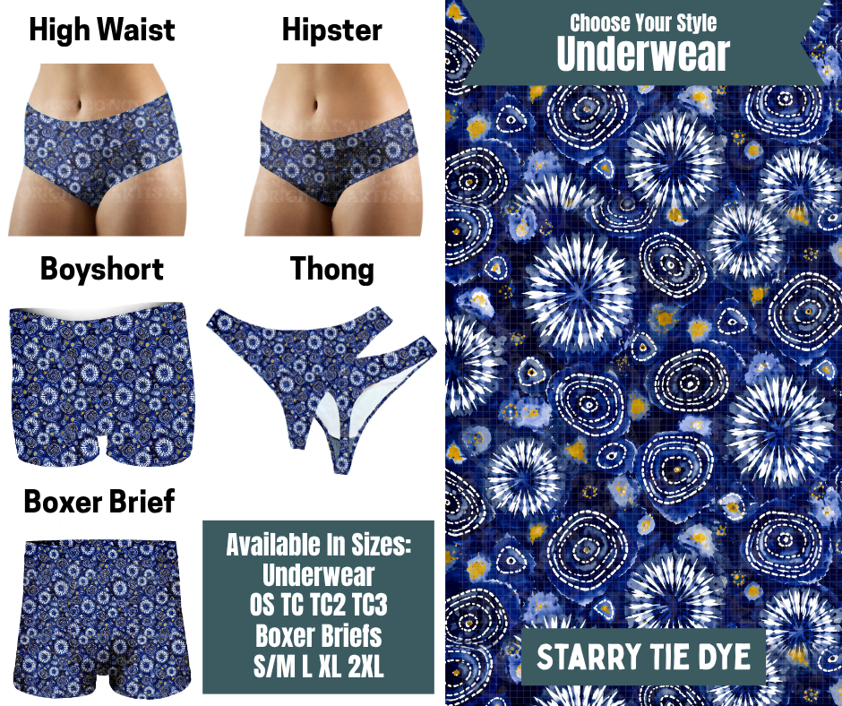 Preorder! Closes 9/30. ETA Dec. Starry Tie Dye Hipster, High Waist, Boyshort, & Thong Underwear & Boxer Briefs