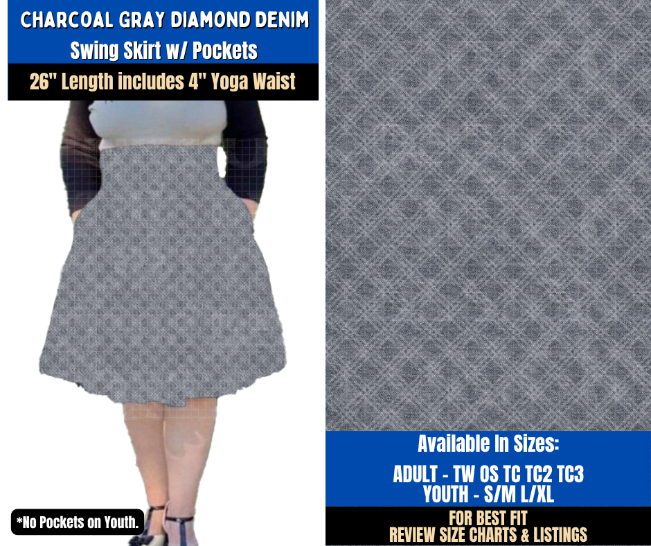 Preorder! Closes 9/16. ETA Dec. Charcoal Gray Diamond Denim Swing Skirt