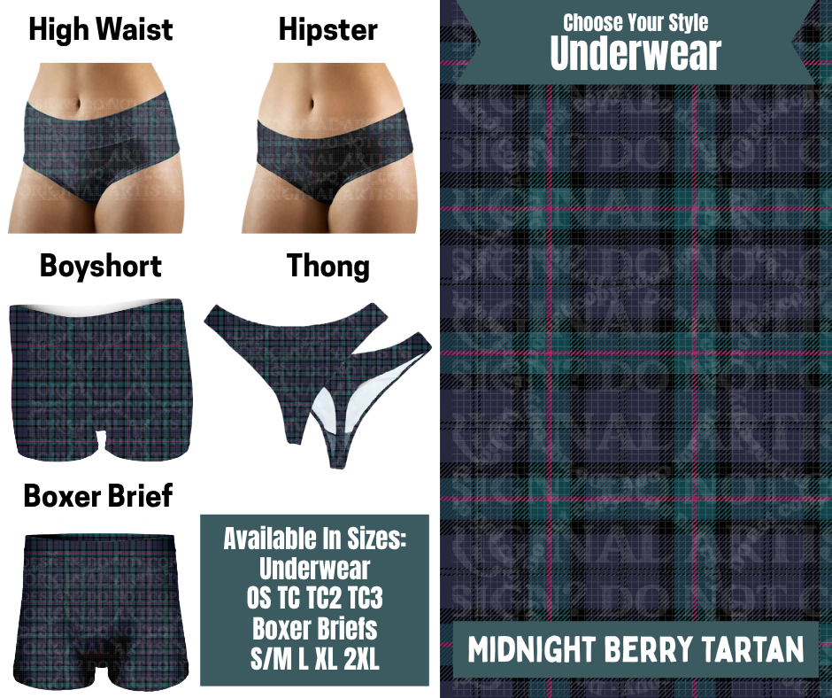 Preorder! Closes 9/30. ETA Dec. Midnight Berry Tartan Hipster, High Waist, Boyshort, & Thong Underwear & Boxer Briefs