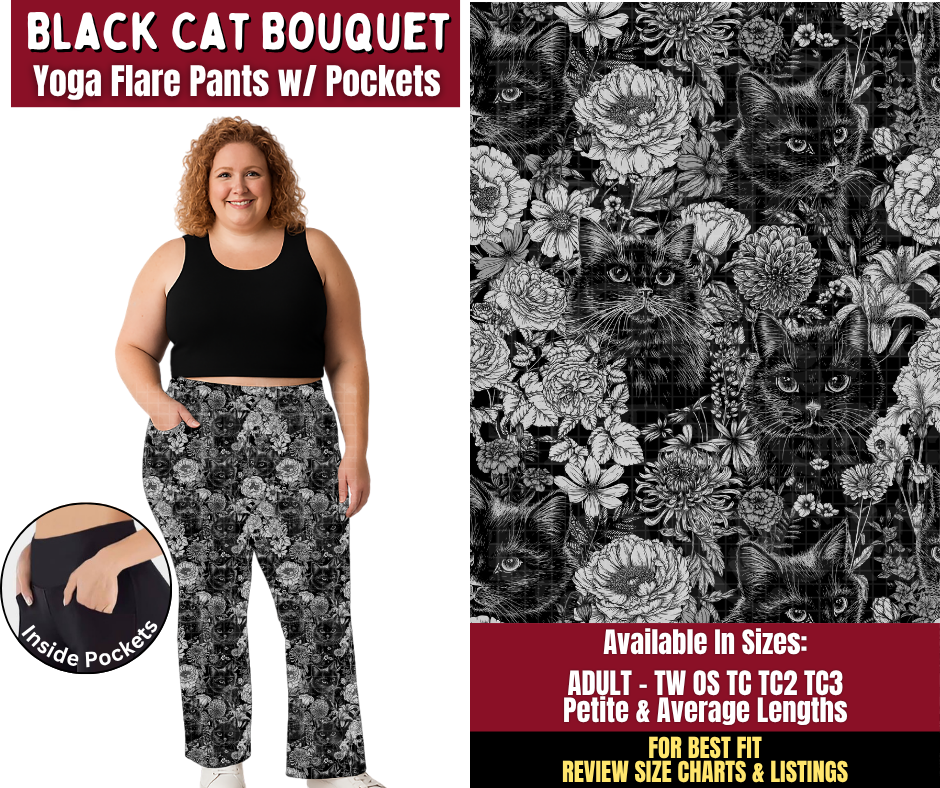 Preorder! Closes 9/28. ETA Dec. Black Cat Bouquet Yoga Flare Pants