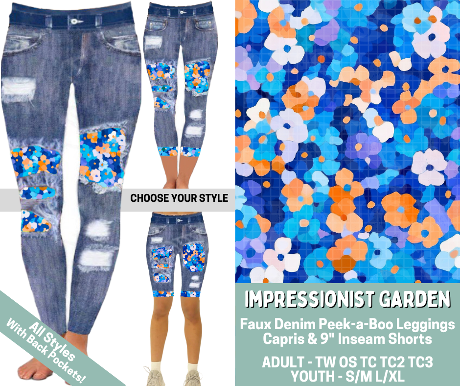 Preorder! Closes 5/20. ETA Aug. Impressionist Garden Combo Faux Denim Peekaboo Legging Lengths