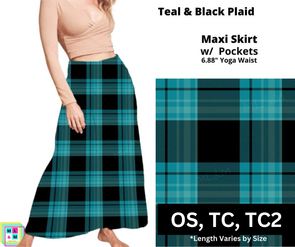 Teal & Black Plaid Maxi Skirt