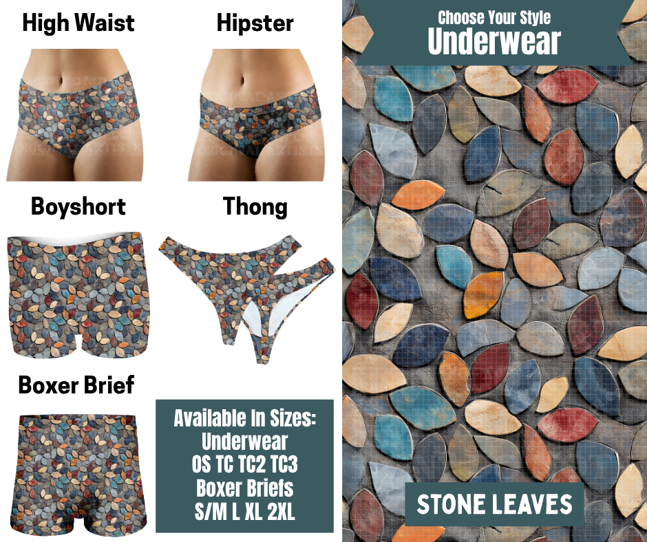 Preorder! Closes 9/30. ETA Dec. Stone Leaves Hipster, High Waist, Boyshort, & Thong Underwear & Boxer Briefs
