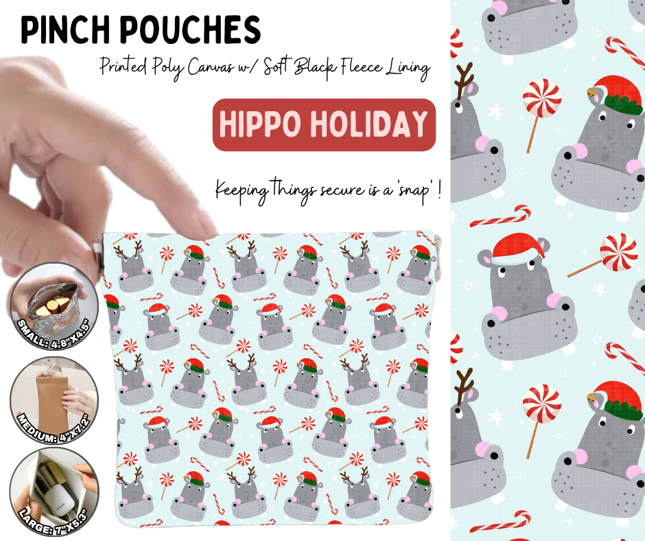 Preorder! Closes 8/19. ETA Nov. Hippo Holiday Pinch Pouches in 3 Sizes