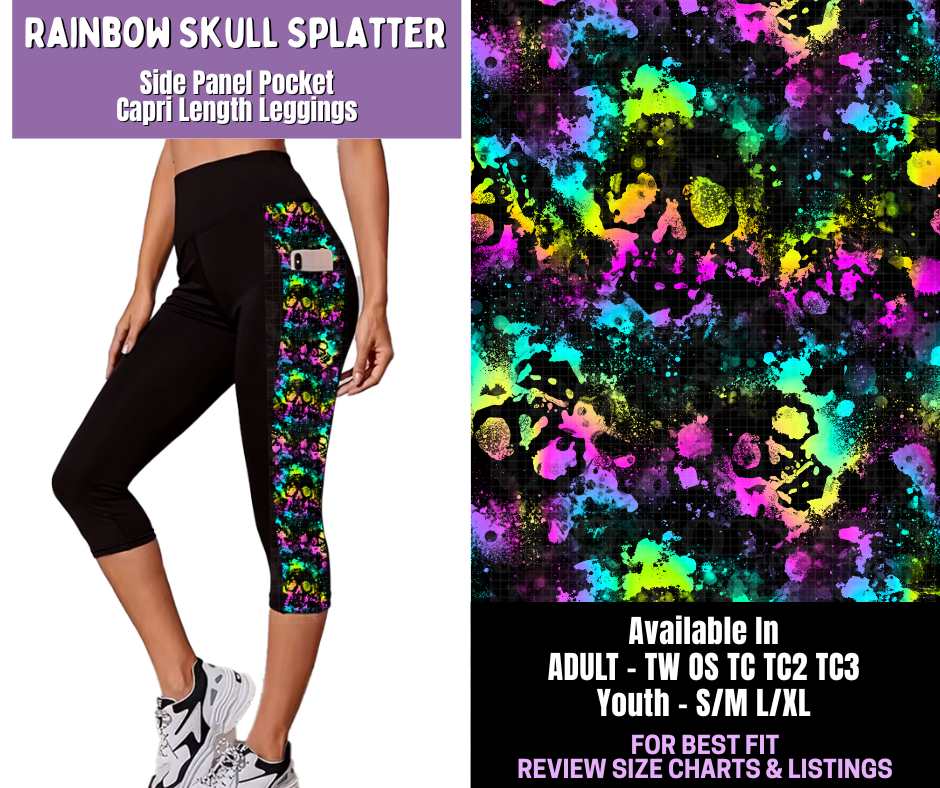 Preorder! Closes 12/18. ETA March. Rainbow Skull Splatter Side Panel Pocket Capri Length Leggings
