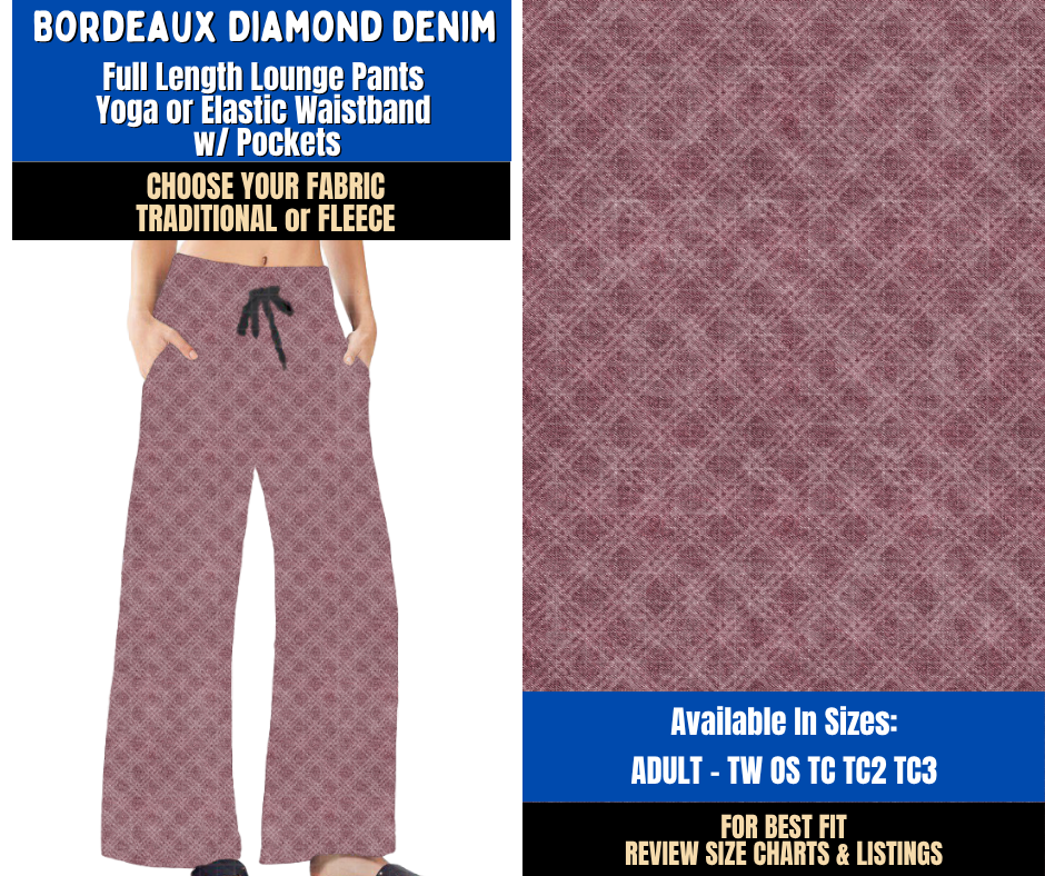 Preorder! Closes 9/16. ETA Dec. Bordeaux Diamond Denim Lounge Pants Choose Fleece or Traditional
