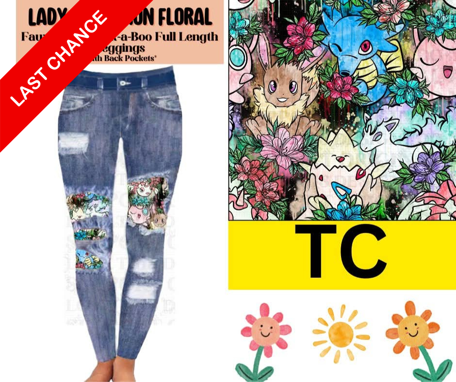 Lady Evolution Floral Faux Denim Full Length Peekaboo Leggings