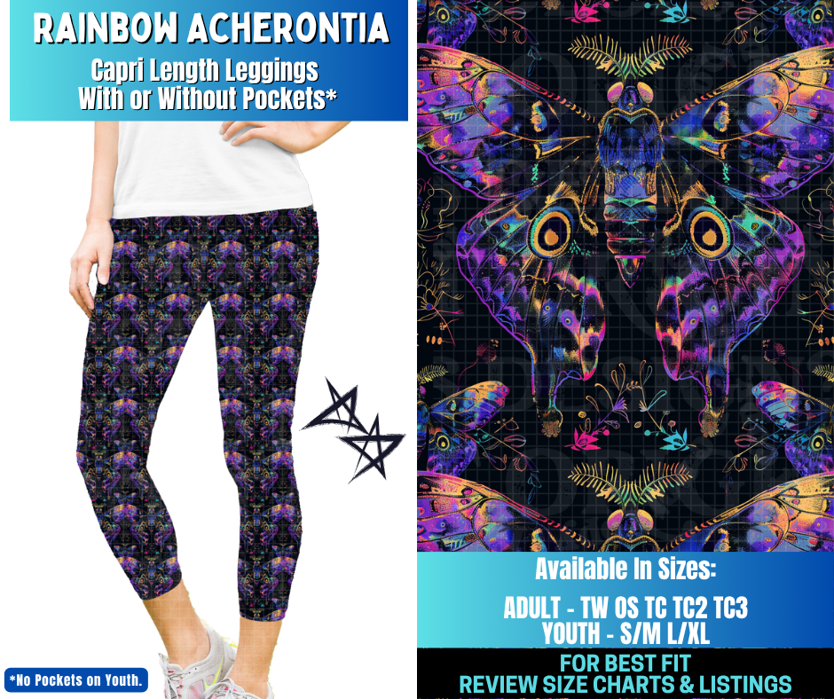 Preorder! Closes 12/17. ETA March. Rainbow Acherontia Capri Length Leggings w/wo Pockets