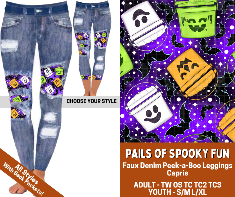 Preorder! Closes 7/13. ETA Oct. Pails of Spooky Fun Combo Faux Denim Peekaboo Legging Lengths