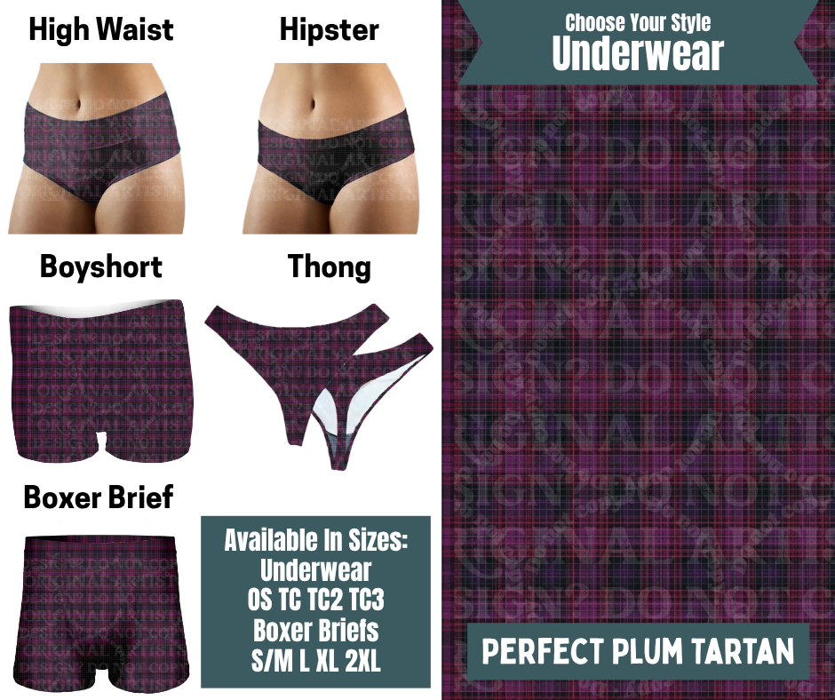 Preorder! Closes 9/30. ETA Dec. Perfect Plum Tartan Hipster, High Waist, Boyshort, & Thong Underwear & Boxer Briefs