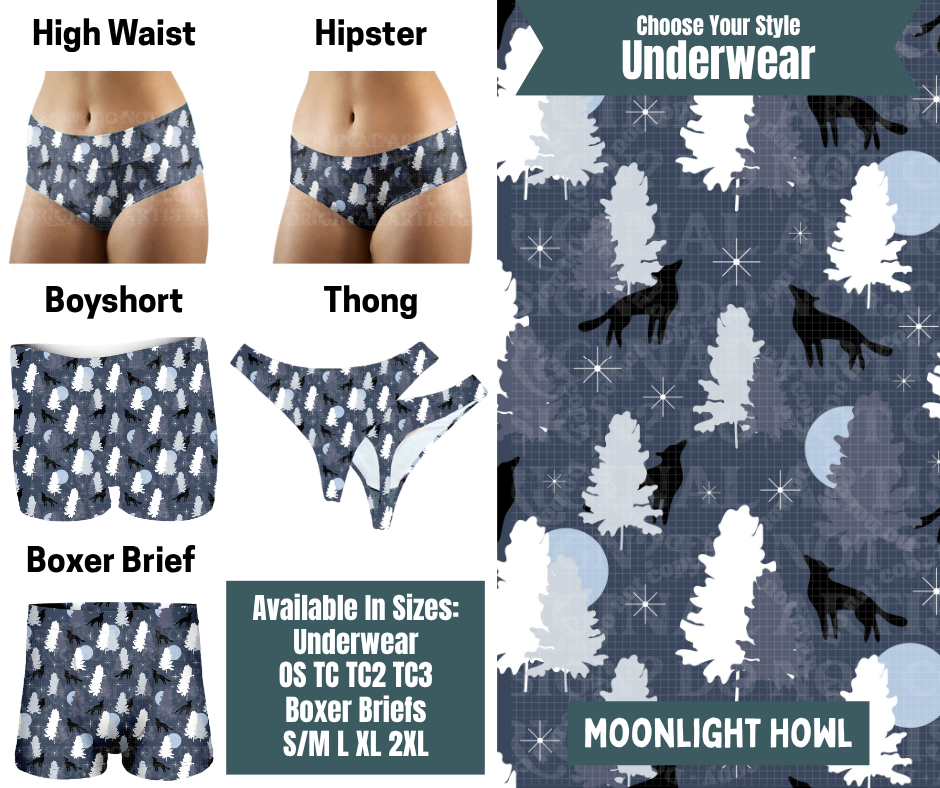 Preorder! Closes 9/30. ETA Dec. Moonlight Howl Hipster, High Waist, Boyshort, & Thong Underwear & Boxer Briefs