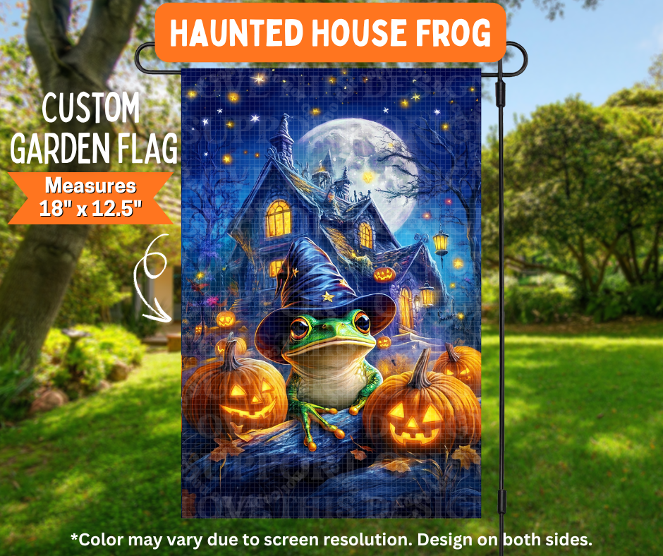 Preorder! Closes 7/6. ETA Oct. Haunted House Frog Garden Flag