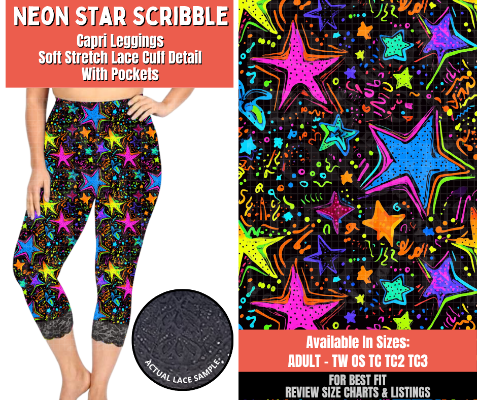 Preorder! Closes 5/18. ETA Aug. Neon Star Scribble Lace Cuff Capris w/ Pockets