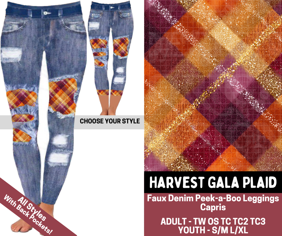 Preorder! Closes 7/23. ETA Oct. Harvest Gala Plaid Combo Faux Denim Peekaboo Legging Lengths