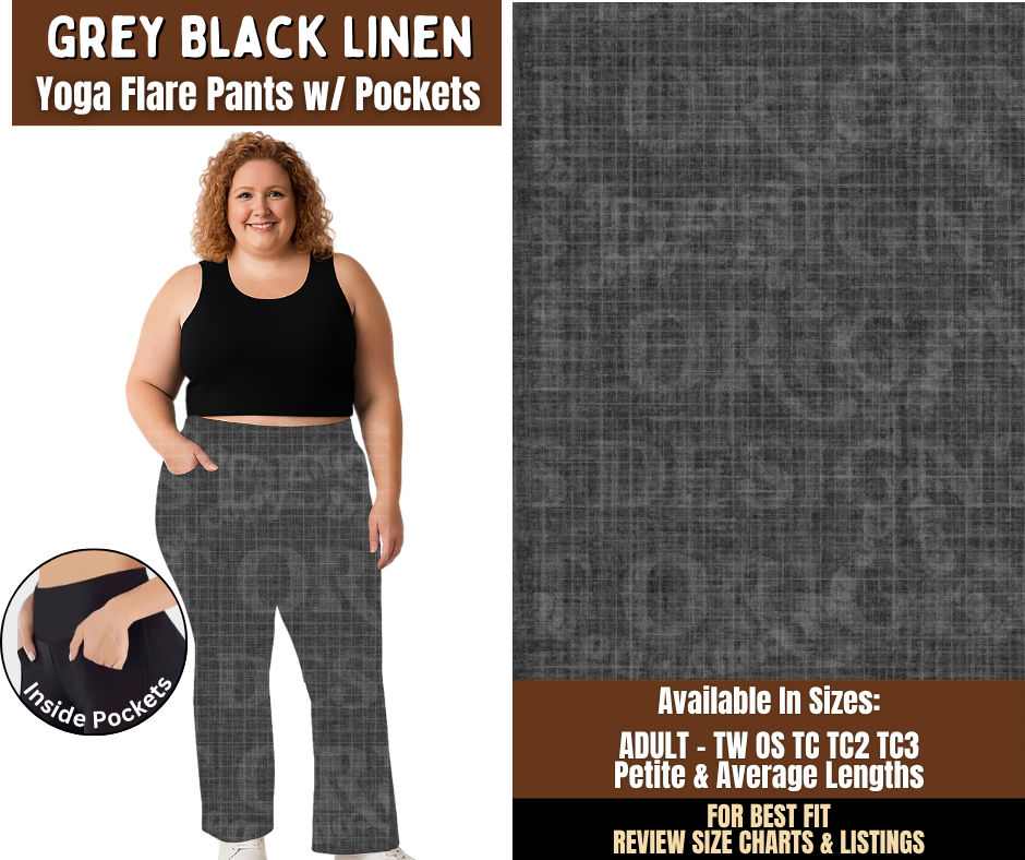 Preorder! Closes 7/29. ETA Oct. Grey Black Linen Yoga Flare Pants