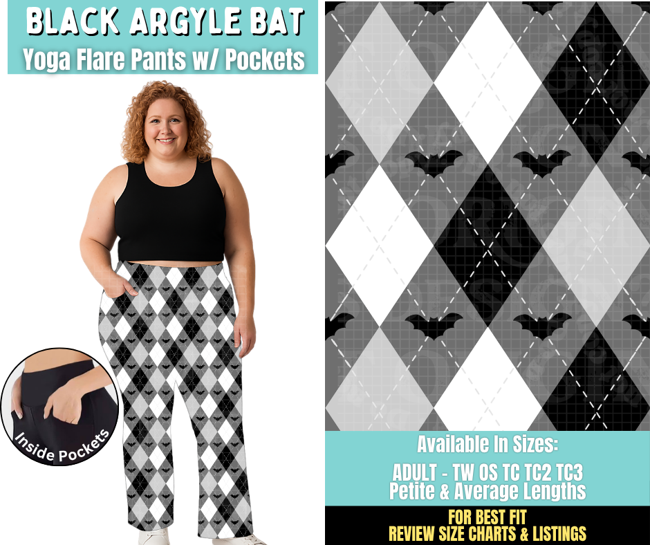 Preorder! Closes 6/25. ETA Sept. Black Argyle Bat Yoga Flare Pants