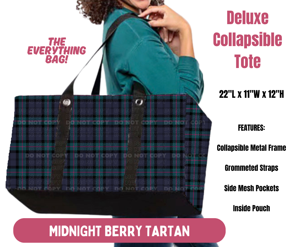 Preorder! Closes 10/8. ETA Jan. Midnight Berry Tartan Collapsible Tote