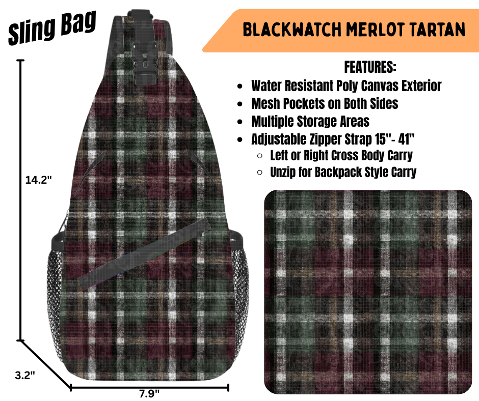 Preorder! Closes 6/22. ETA Sept. Blackwatch Merlot Tartan Sling Bag