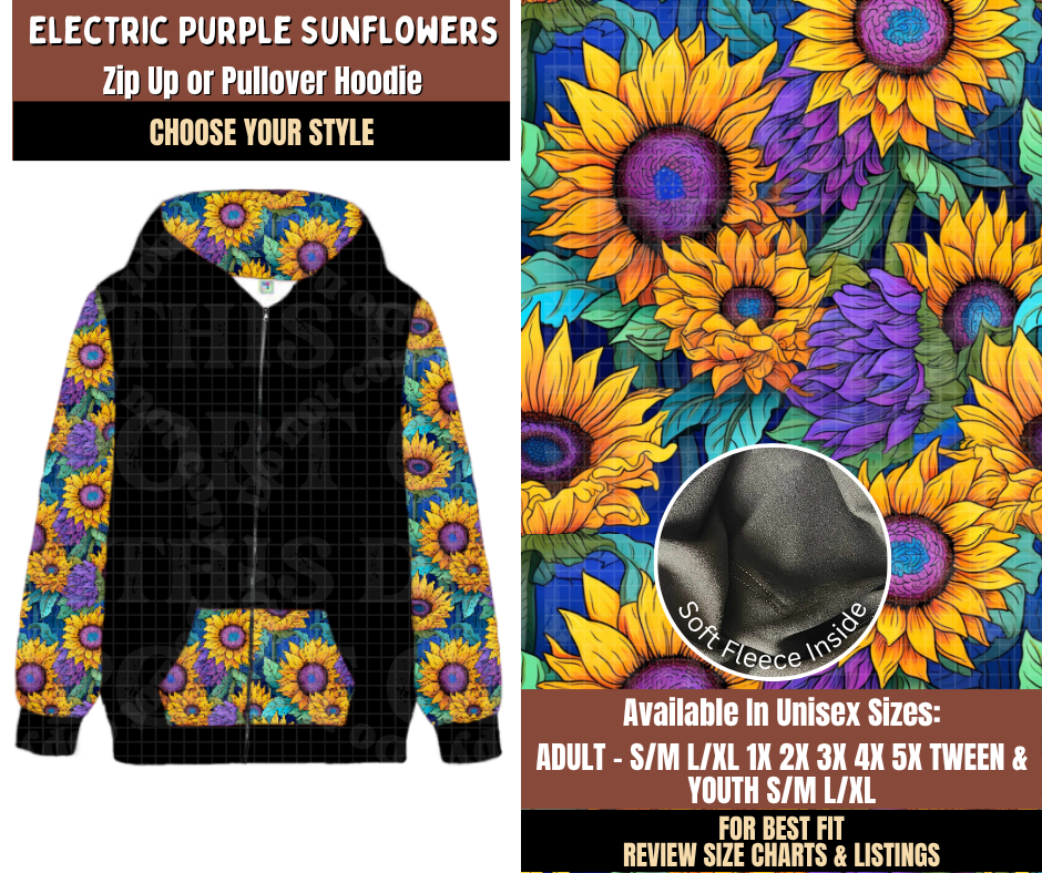 Preorder! Closes 7/27. ETA Oct. Electric Purple Sunflowers Zip-Up or Pullover Hoodie