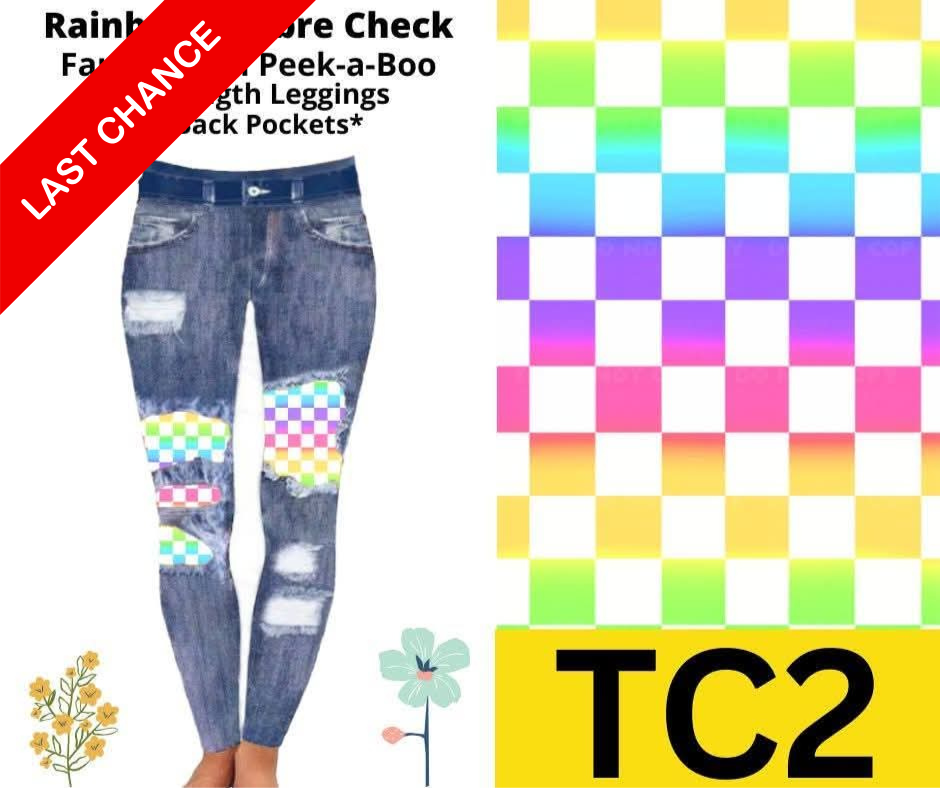 Rainbow Ombre Check Faux Denim Full Length Peekaboo Leggings