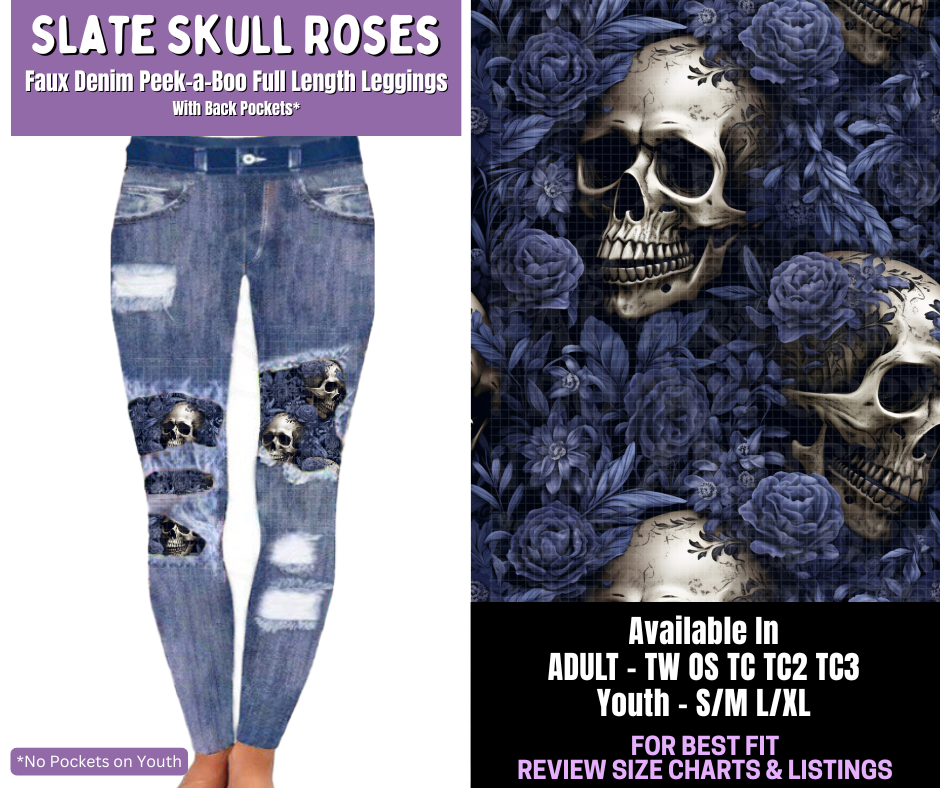 Preorder! Closes 12/18. ETA March. Slate Skull Roses Full Length Faux Denim Peekaboo