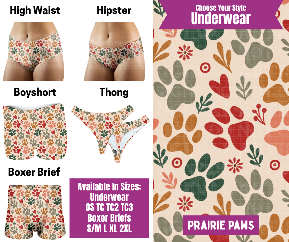 Preorder! Closes 6/24. ETA Sept. Prairie Paws Hipster, High Waist, Boyshort, & Thong Underwear & Boxer Briefs