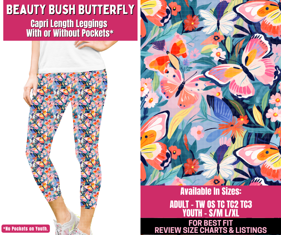 Preorder! Closes 12/31. ETA March. Beauty Bush Butterfly Full Length Capri Length Leggings w/wo Pockets