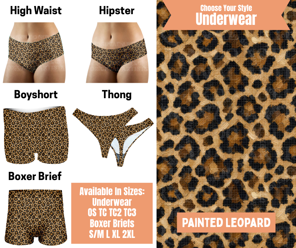 Preorder! Closes 11/5. ETA Feb. Painted Leopard Hipster, High Waist, Boyshort, & Thong Underwear & Boxer Briefs