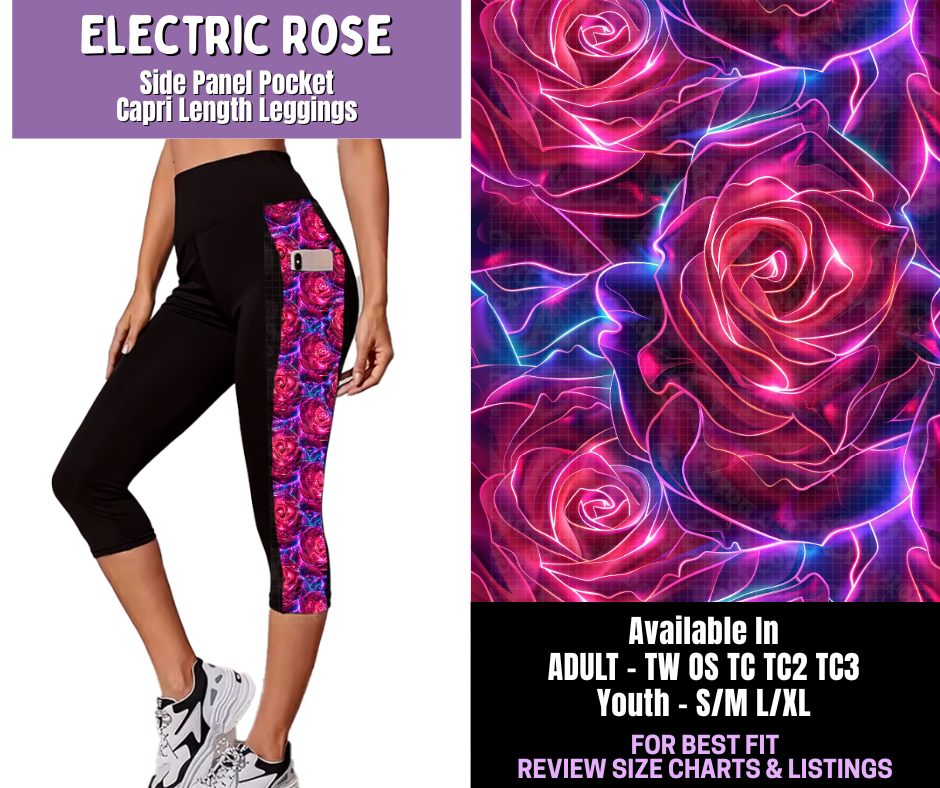 Preorder! Closes 12/18. ETA March. Electric Rose Side Panel Pocket Capri Length Leggings