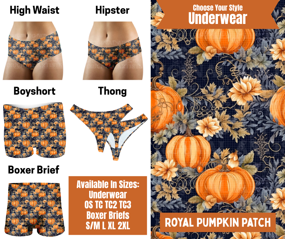 Preorder! Closes 7/30. ETA Oct. Royal Pumpkin Patch Hipster, High Waist, Boyshort, & Thong Underwear & Boxer Briefs
