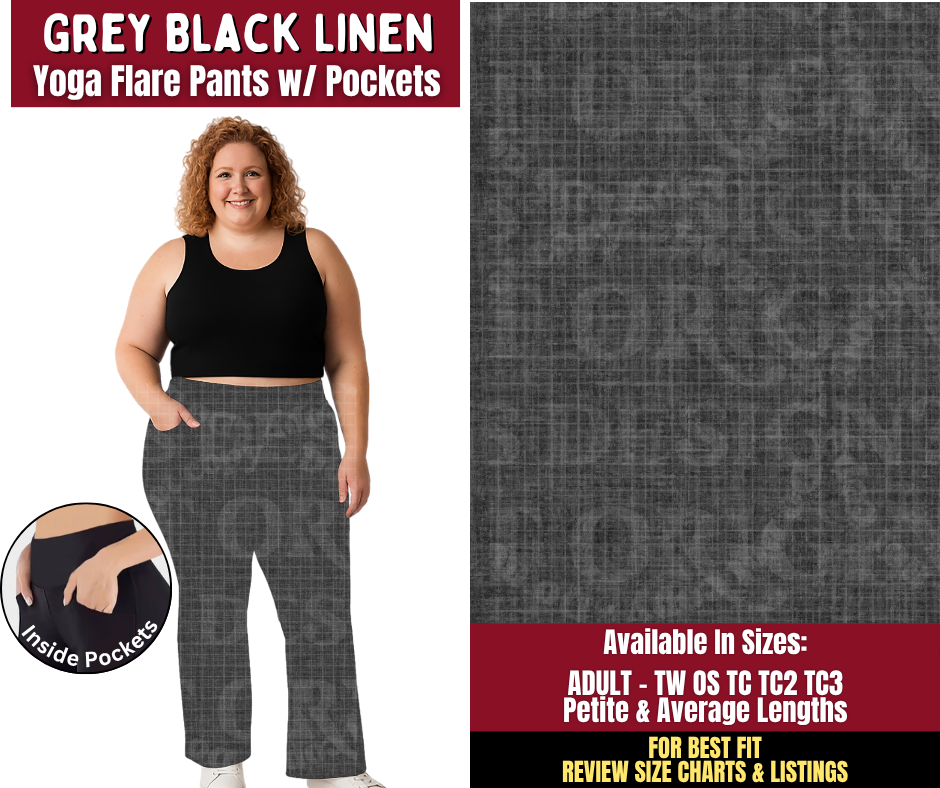 Preorder! Closes 9/28. ETA Dec. Grey Black Linen Yoga Flare Pants
