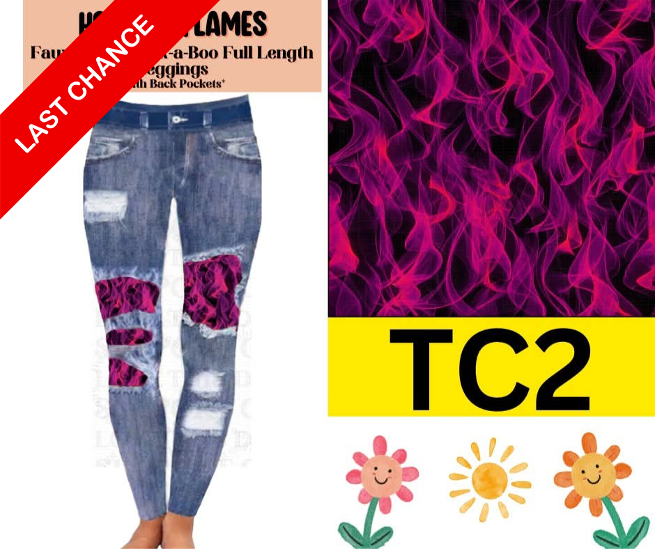 Hot Pink Flames Faux Denim Full Length Peekaboo Leggings